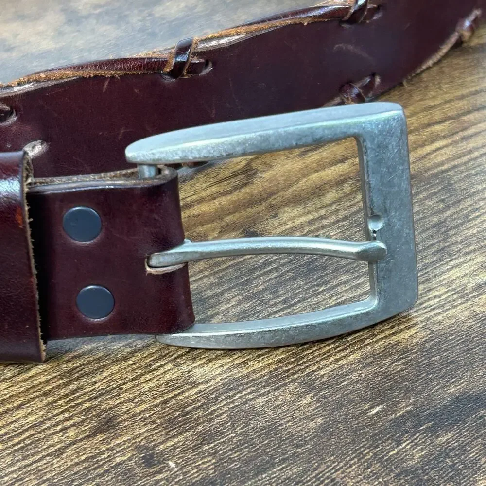REI Brown Leather Belt Solid Silver Buckle Mens 36 Distressed Wrap Braid Detail